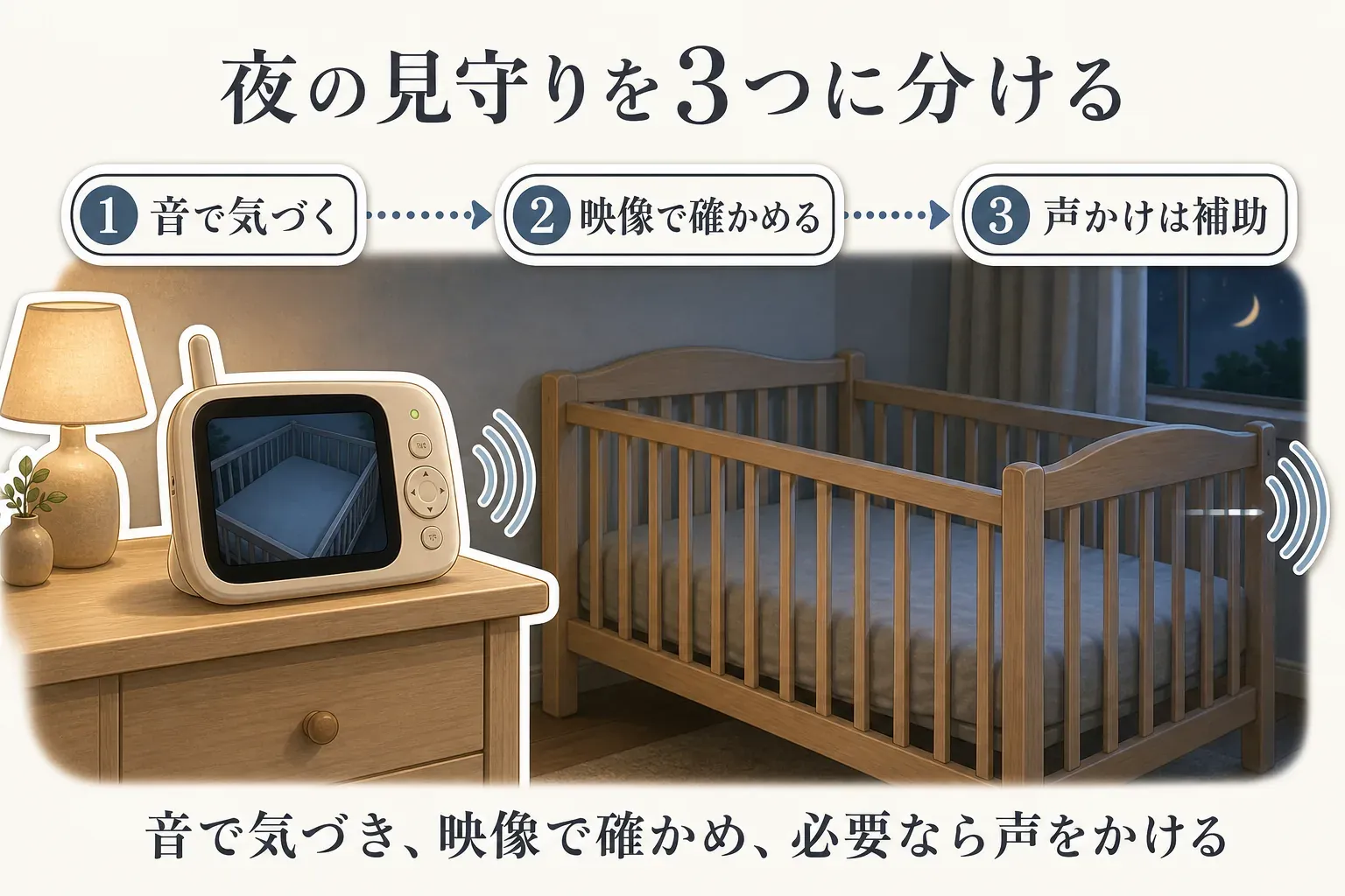 夜の見守りを3つに分け、1. 音で気づく、2. 映像で確かめる、3. 声かけは補助とする順番を示す図。ベビーベッドと専用モニターのイラストで、必要なら声をかける流れを表している