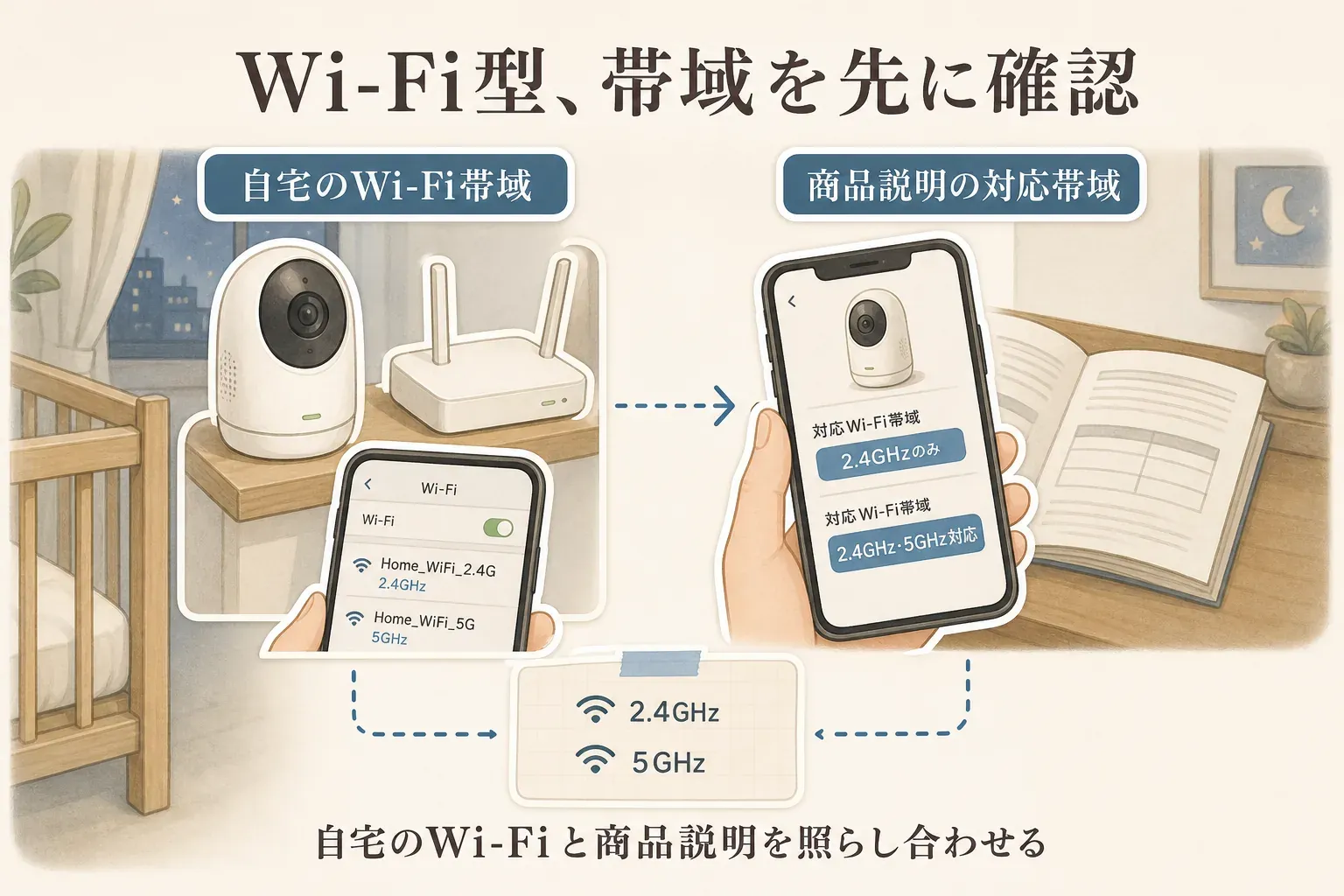 Wi-Fi型ベビーモニターの購入前に、ルーターの2.4GHzと5GHzのどちらに対応するか、商品側の対応帯域、スマホアプリで外出先から確認する条件を順に確かめる図