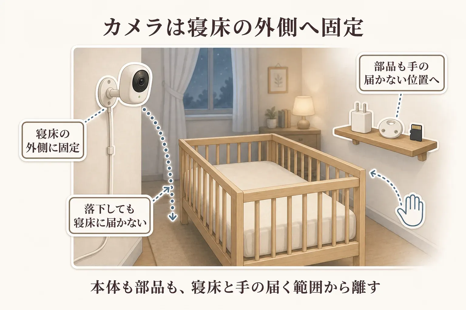 ベビーモニターのカメラをベビーベッドの外側に固定し、電源コードや部品を赤ちゃんの手が届かない位置へまとめる安全な設置例を示す図。寝床には物を置かないことも表している