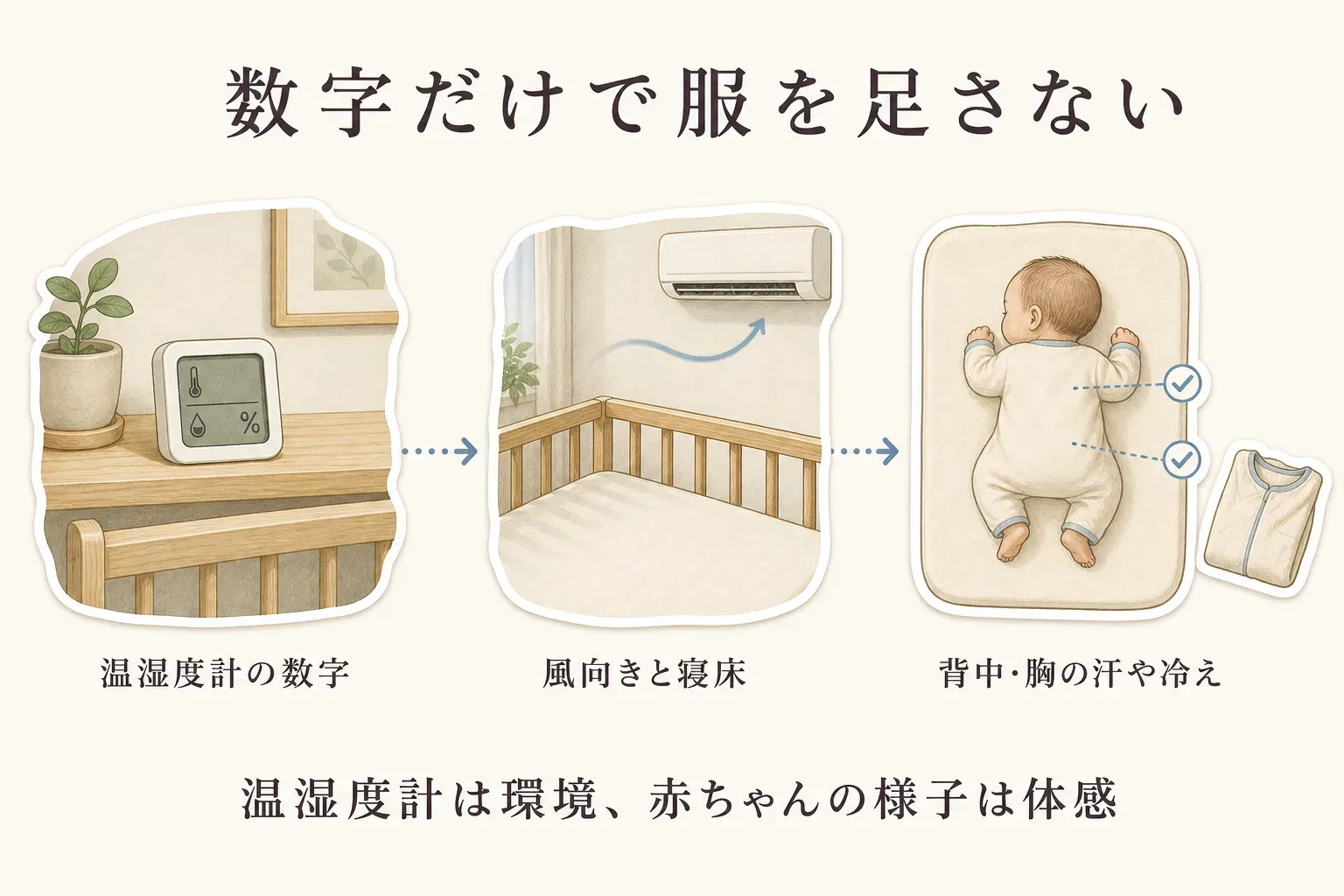 数字だけで服を足さないことを示す図。温湿度計の数字を確認した後、エアコンの風向きと寝床の位置を見直し、赤ちゃんの背中・胸の汗や冷えを確認する。温湿度計は環境、赤ちゃんの様子は体感として分けて見る