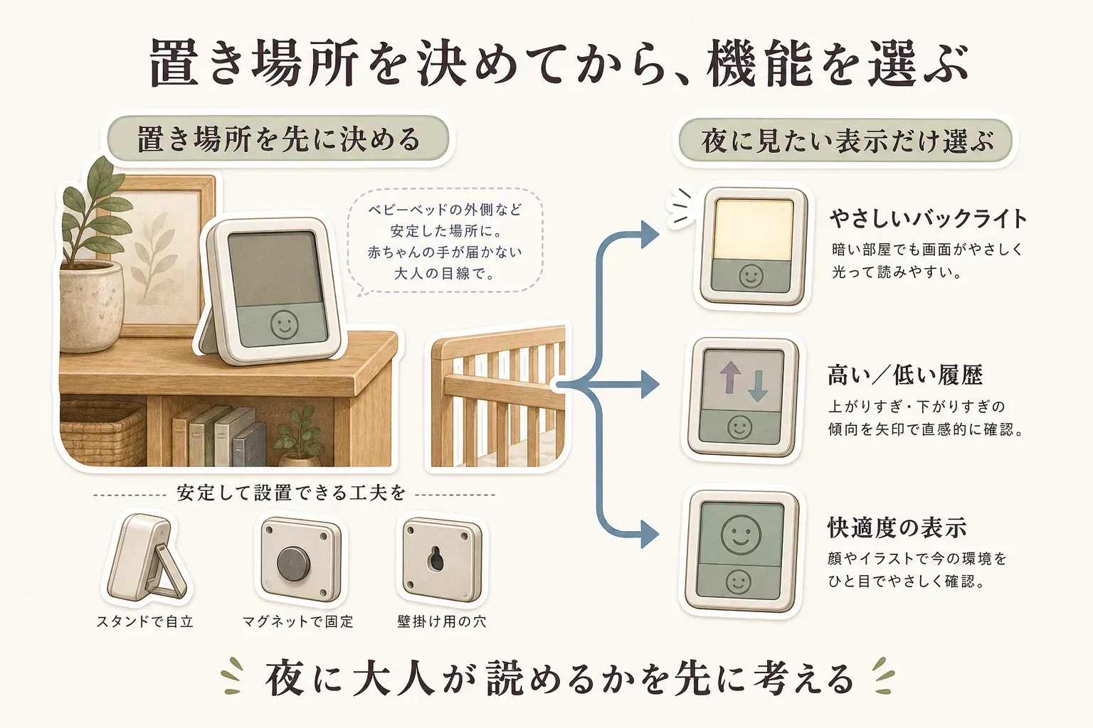 置き場所を決めてから機能を選ぶ図。ベビーベッドの外側など、赤ちゃんの手が届かず大人の目線で読める安定した場所に、スタンド・マグネット・壁掛け穴で設置する。夜に見る機能として、やさしいバックライト、高い・低い履歴、顔やイラストによる快適度表示を示す