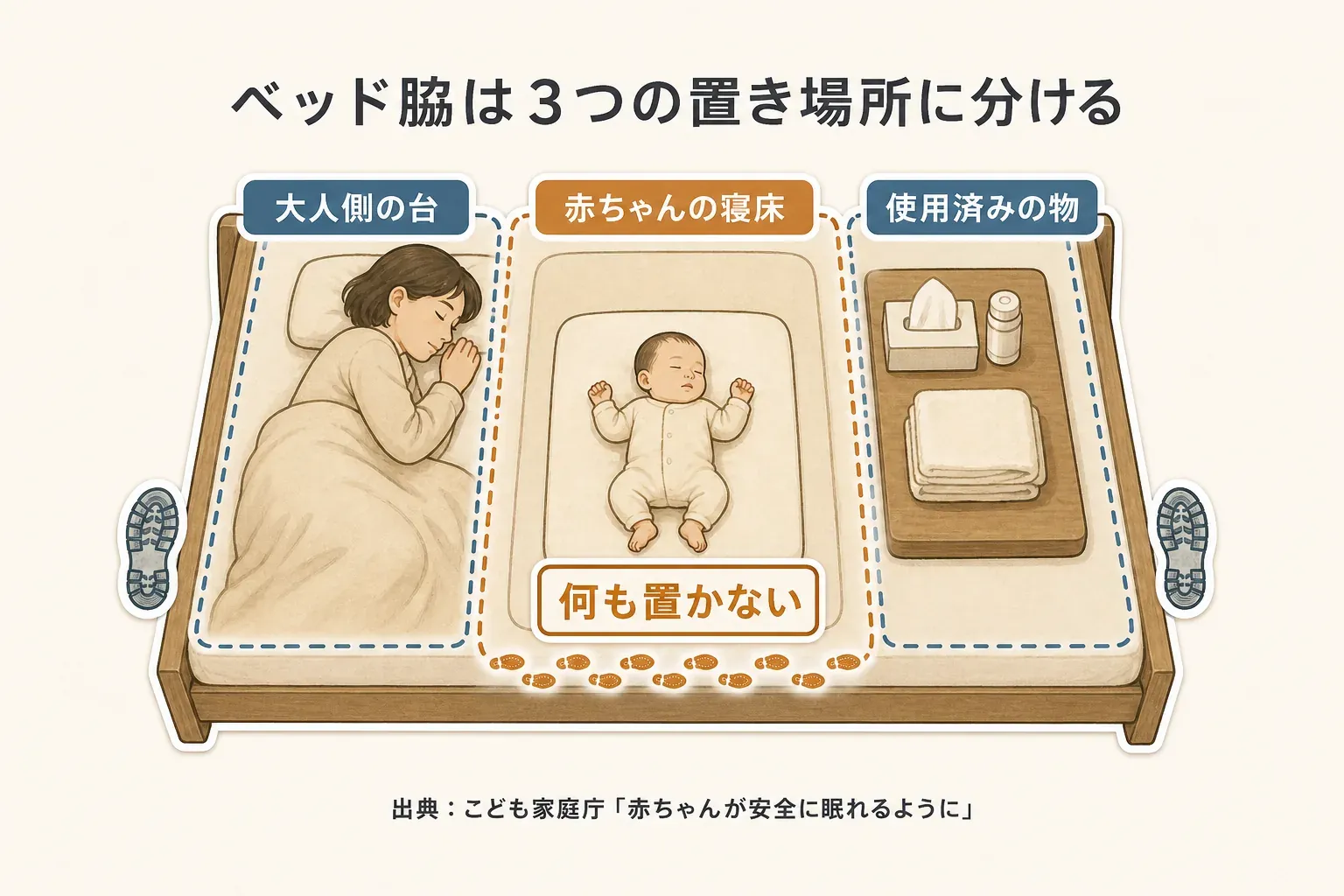 ベッド脇を大人側の台、何も置かない赤ちゃんの寝床、使用済みの物を置く場所の3つに分け、大人側の台に用品を置く図。出典：こども家庭庁「赤ちゃんが安全に眠れるように」