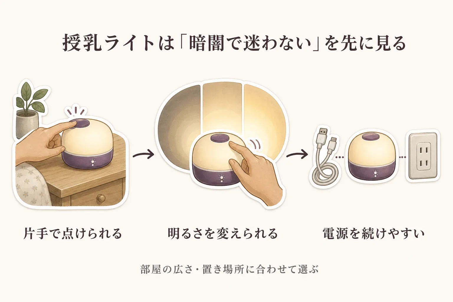 ベッド脇の授乳ライトについて、片手で点けられること、明るさを変えられること、充電またはコンセントで電源を続けやすいことを示し、部屋の広さと置き場所に合わせて選ぶ図