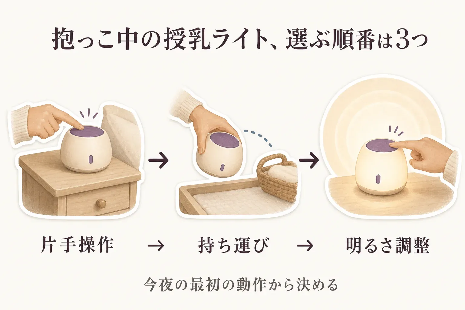 抱っこ中の授乳ライトを、片手操作、持ち運び、明るさ調整の順に選び、今夜の最初の動作から決めることを示す図