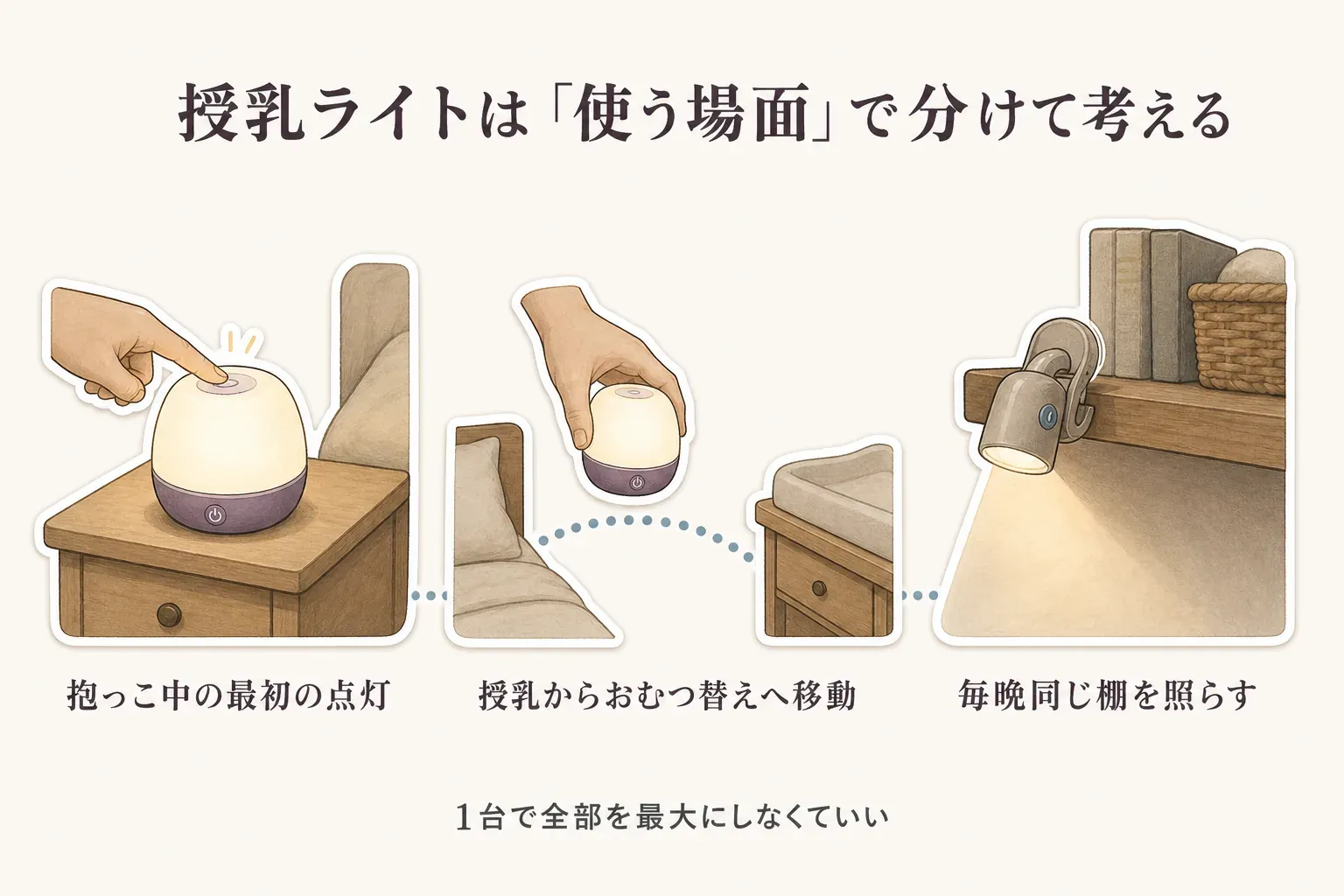 授乳ライトを、抱っこ中の最初の点灯はタッチライト、授乳からおむつ替えへ移動する場面は持ち運べるライト、毎晩同じ棚を照らす場面はクリップライトに分けて考える図。1台ですべての条件を最大にしなくてよいことを示す