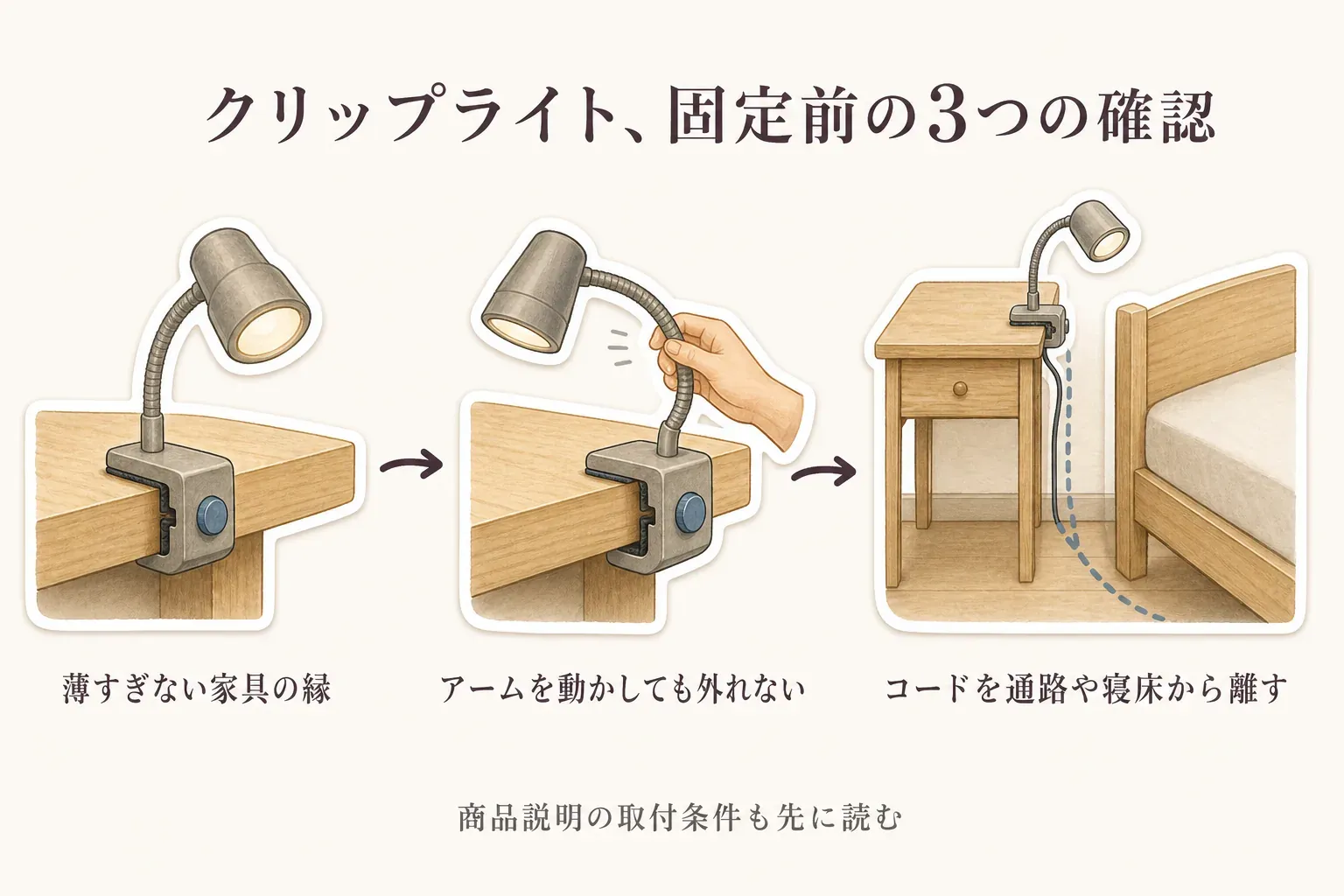 クリップライトを固定する前に、薄すぎない家具の縁に挟むこと、アームを動かしても外れないこと、コードを通路や赤ちゃんの寝床から離すことの3点を確認し、商品説明の取付条件も先に読むことを示す図