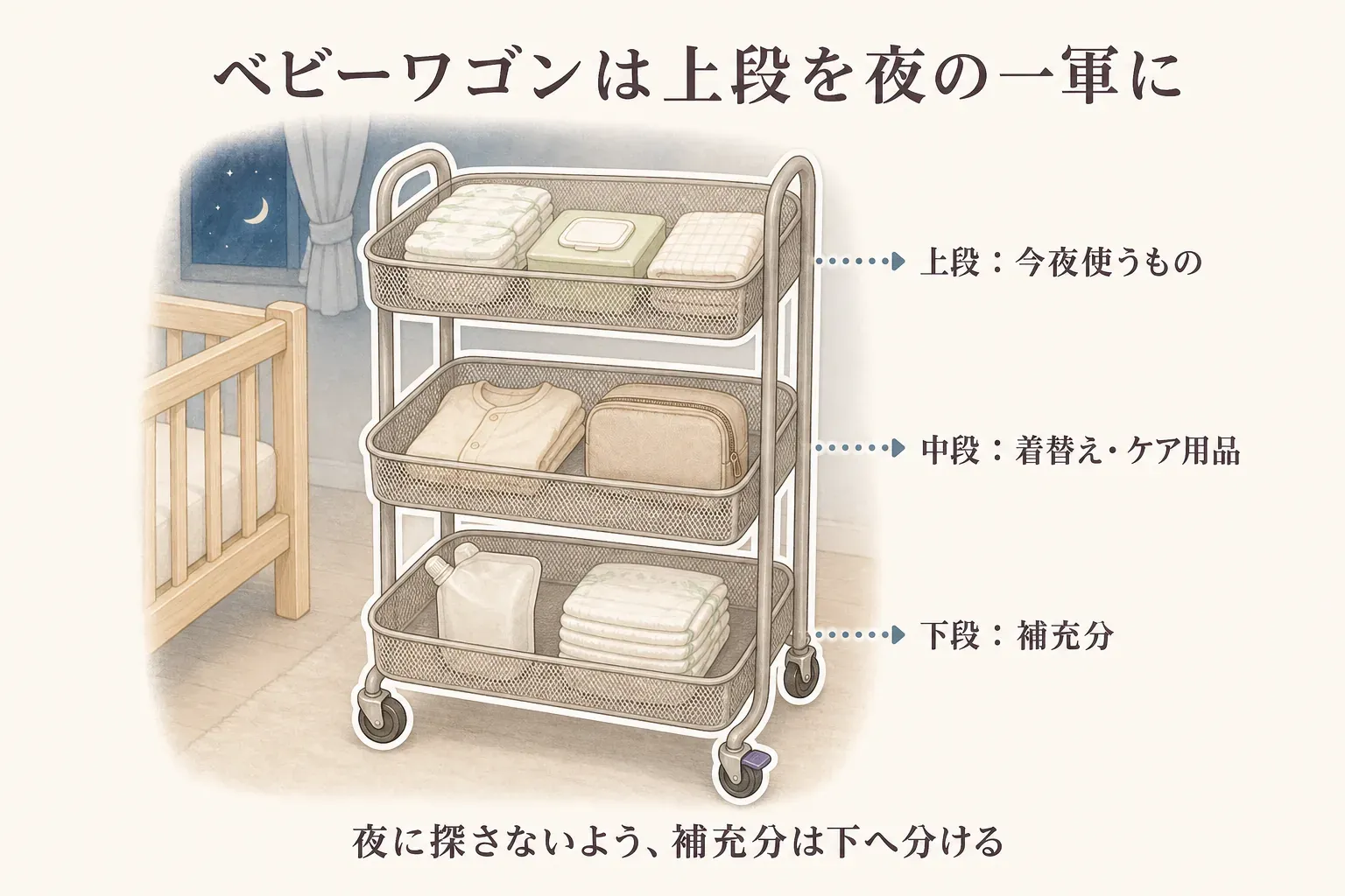 ベビーワゴンの3段の置き分けを示す図。上段には今夜使うおむつ・おしりふき・ガーゼ、中段には着替え・ケア用品、下段には補充分を置き、夜に探さないようにする