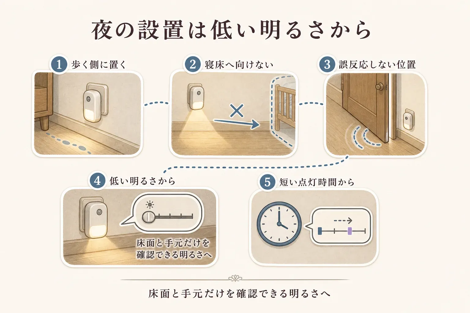 夜の足元灯を、歩く側の壁・コンセント・家具の側面に置き、寝床へ光を向けず、扉の開閉などで誤反応しない位置を選ぶ。低い明るさと短い点灯時間から始め、床面と手元だけが確認できるよう調整する5つの設置チェックを示す図