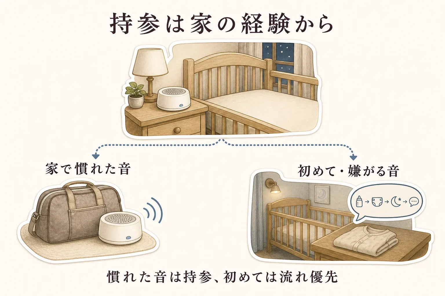 持参を家での経験から決める図。家で慣れた音はバッグに入れて持参し、初めて使う音や赤ちゃんが嫌がる音は授乳・おむつ替え・消灯・声かけなどいつもの寝る流れを優先する