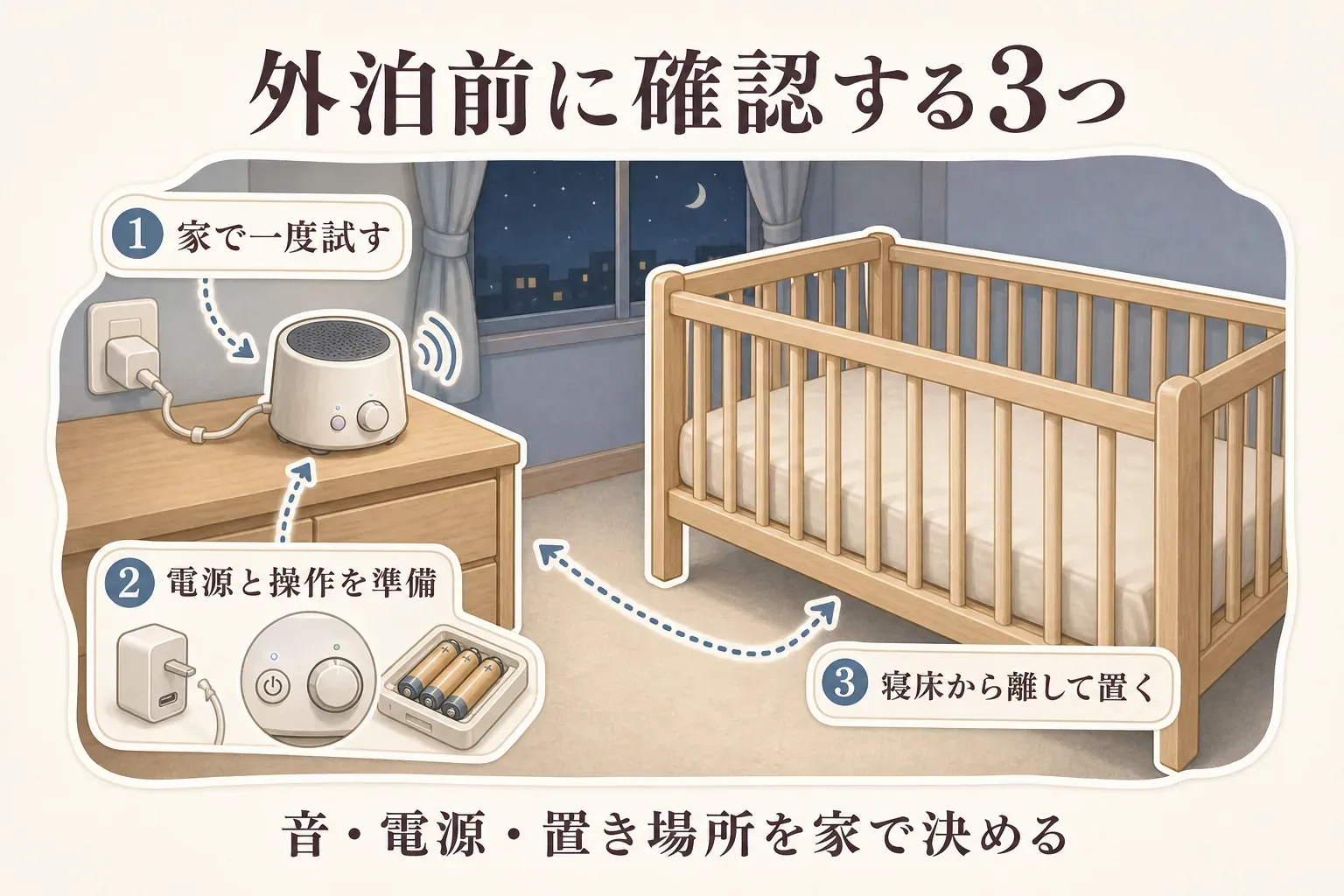 外泊前に確認する3つを示す図。家でホワイトノイズマシンを一度試し、充電または乾電池と音量・タイマーなどの操作を準備し、赤ちゃんの寝床から離れた置き場所を決める