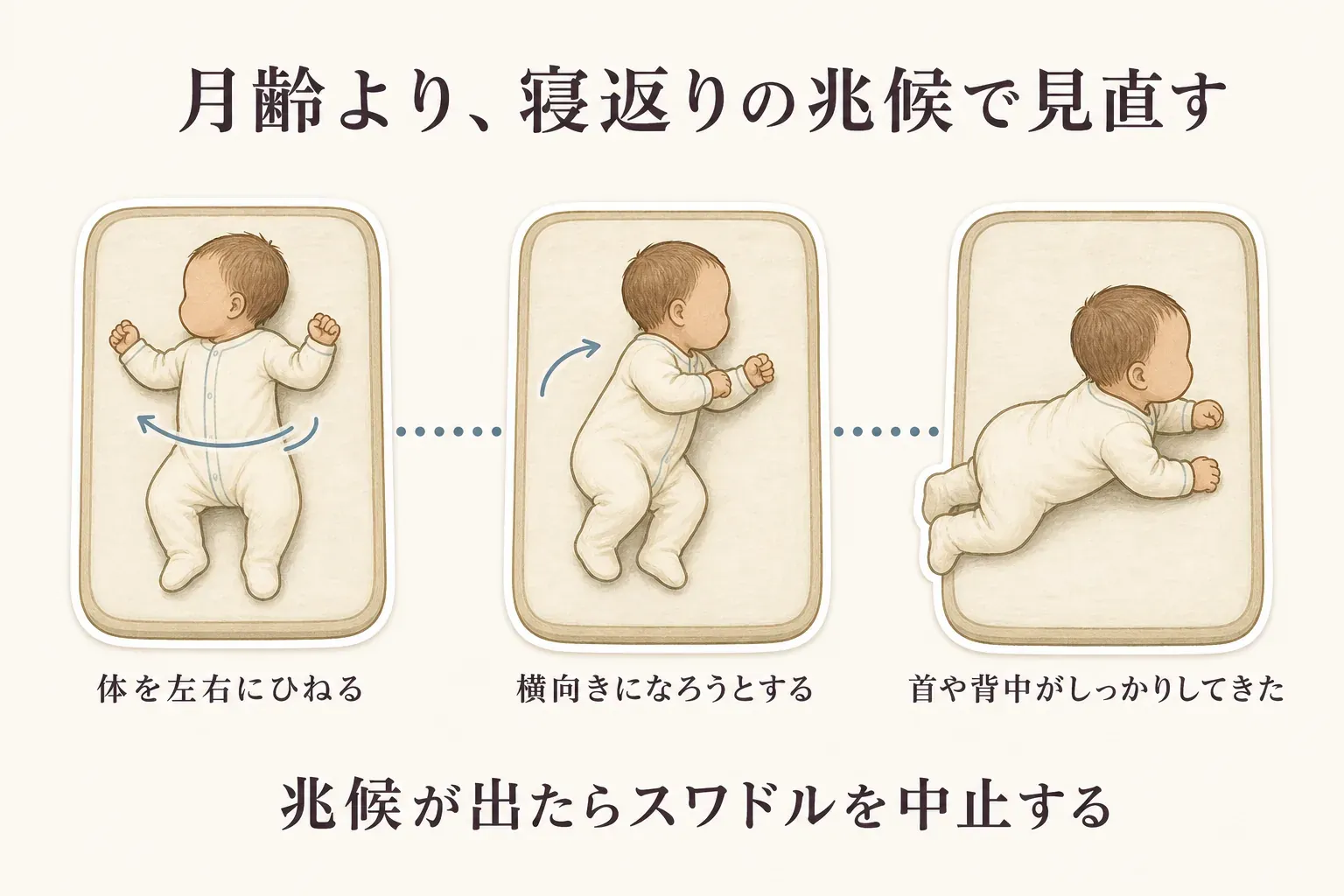月齢ではなく寝返りの兆候でスワドルを見直すことを示す図。体を左右にひねる、横向きになろうとする、首や背中がしっかりしてくるという3つの兆候が出たらスワドルを中止する