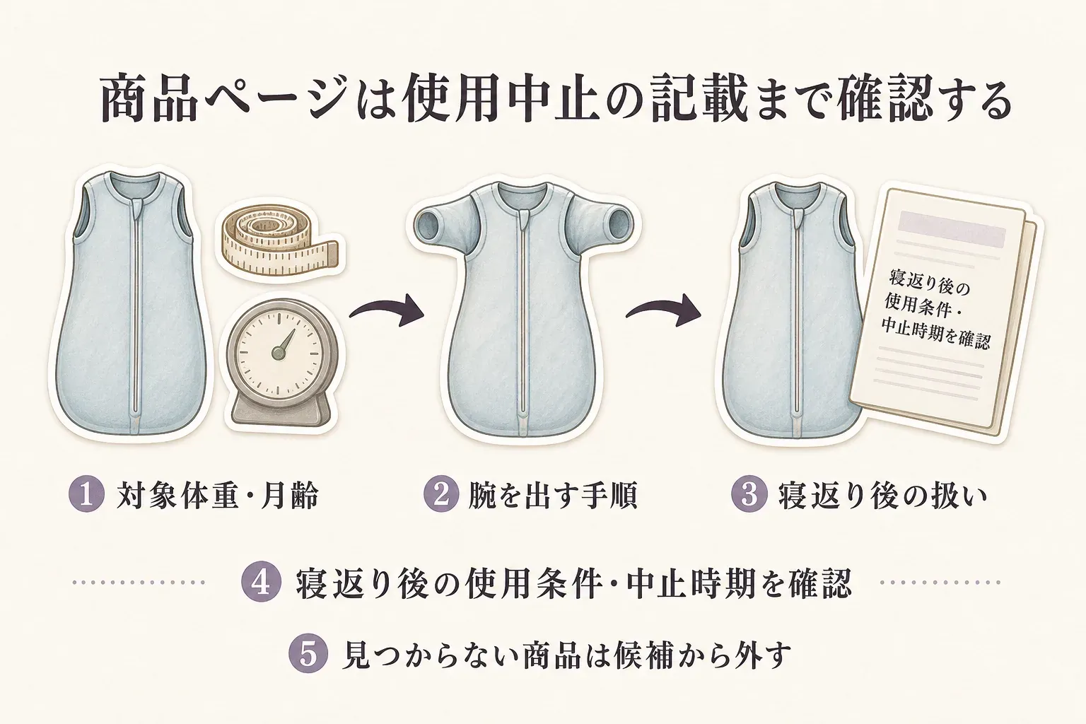 スワドルの商品ページを使用中止の記載まで確認するための図。対象体重・月齢、腕を出す手順、寝返り後の扱い、寝返り後の使用条件と中止時期を確認し、記載が見つからない商品は候補から外す流れ