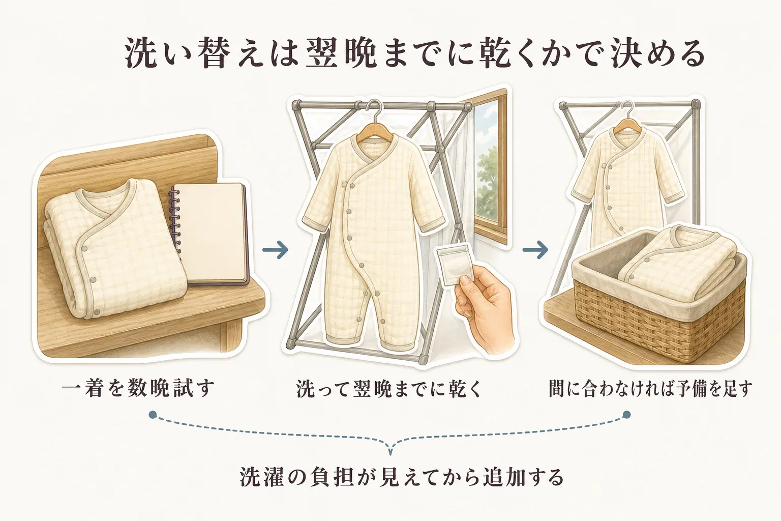 洗い替えを決める流れとして、一着を数晩試し、洗って翌晩までに乾くかを確認し、間に合わなければ予備を追加することを示す図。洗濯の負担が見えてから追加する考え方を示している