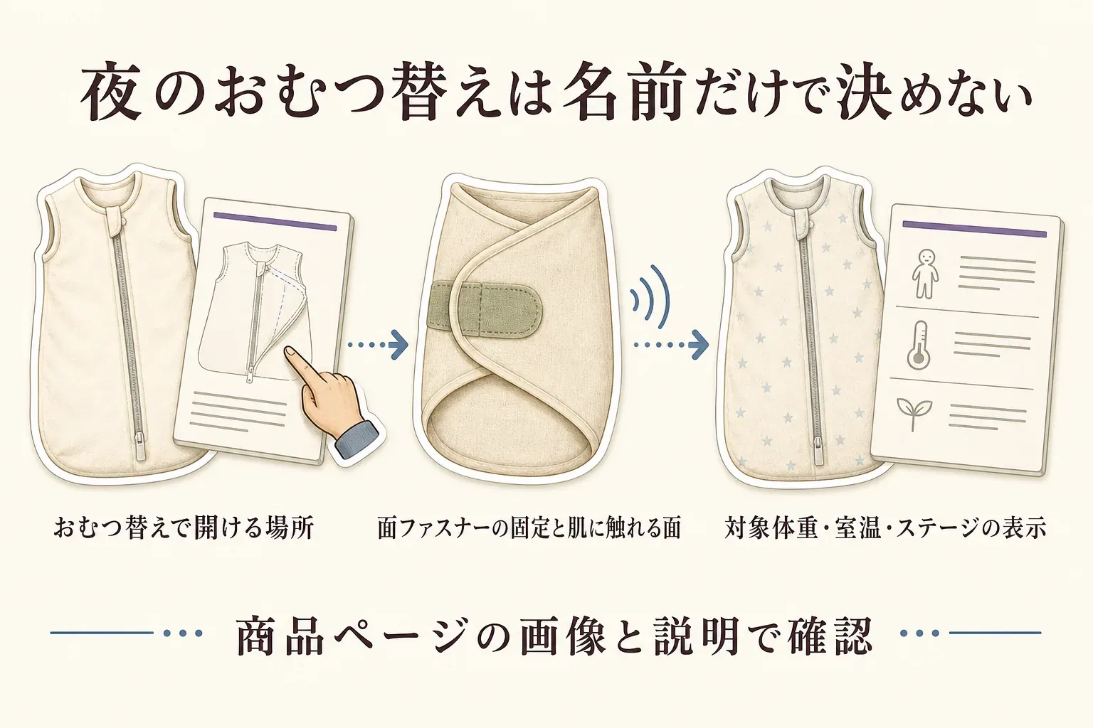 夜のおむつ替えは名前だけで決めず、商品ページの画像と説明で確認する図。おむつ替えで開ける場所、面ファスナーの固定と肌に触れる面、対象体重・室温・ステージの表示を確認する