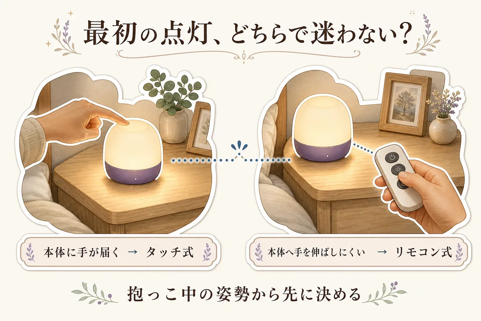 夜間に赤ちゃんを抱っこしている大人が、本体に触れて点灯するタッチ式と、離れた位置からリモコンを押して点灯するリモコン式を選ぶ場面を比較した図