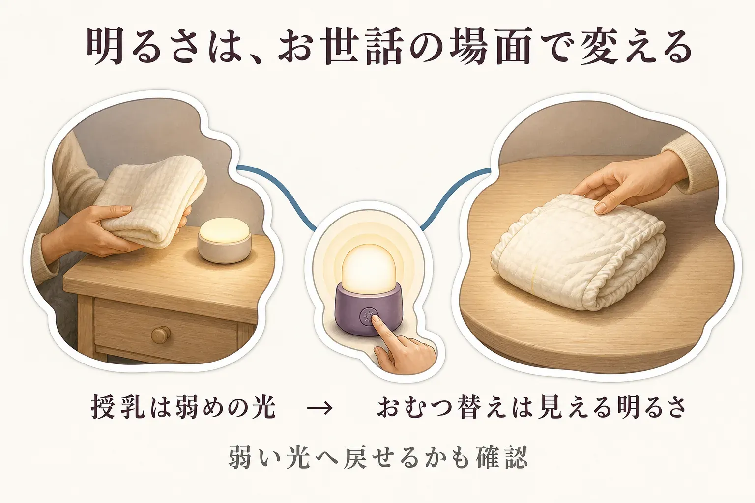 授乳では赤ちゃんのそばを弱い光で照らし、おむつ替えでは手元とおむつの状態を確認できる範囲で少し明るくする、夜間のお世話ごとの明るさの使い分けを示す図