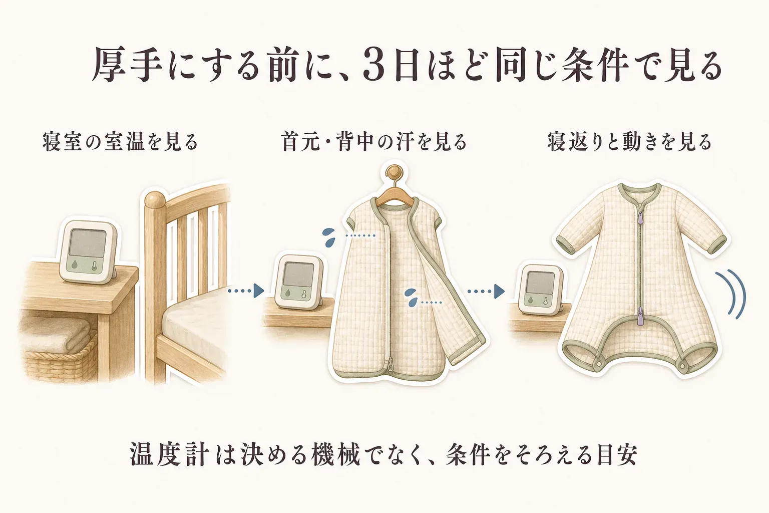 厚手にする前に3日ほど観察する流れとして、1日目に室温、2日目に首元・背中の汗、3日目に寝返りのしやすさを確認し、着せた服と室温を同じ条件でメモする図。汗ばんでいる・動きにくそうなら厚手を重ねず見直すことを示す